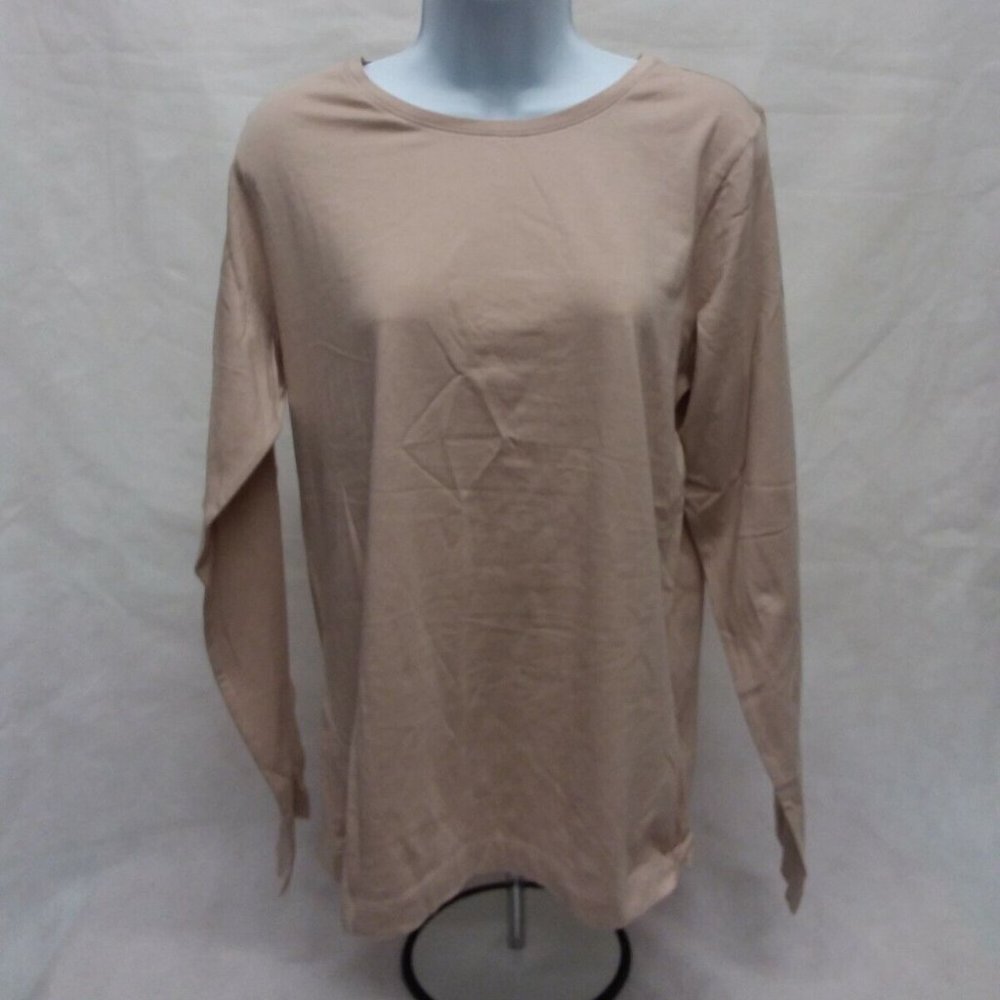 Women's Large Dressbarn Long Sleeve Solid Tan Round Neck T-Shirt